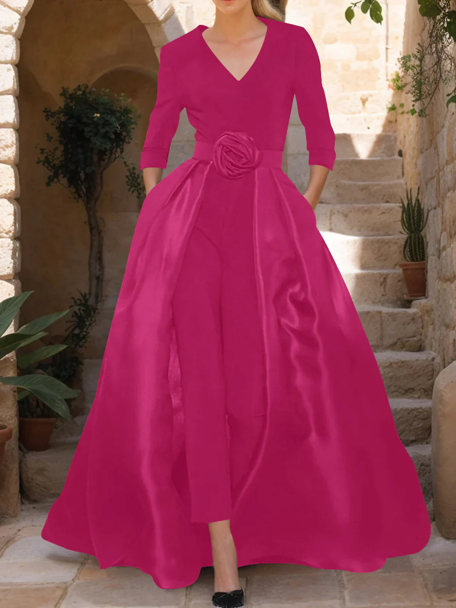 V-Neck 3/4 Sleeves Mother of the Bride Jumpsuit with Flower Belt - Image 24