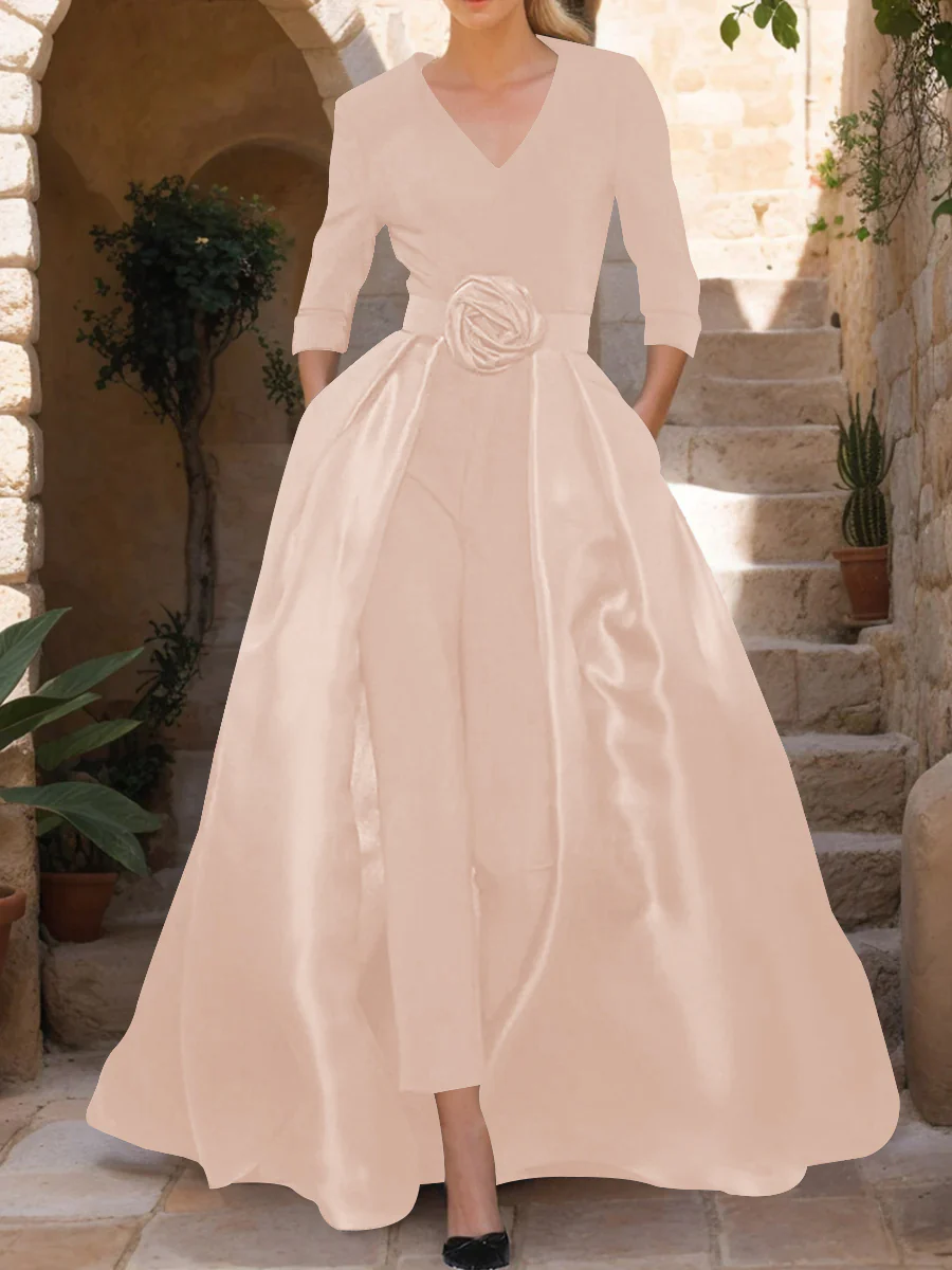 V-Neck 3/4 Sleeves Mother of the Bride Jumpsuit with Flower Belt - Image 42