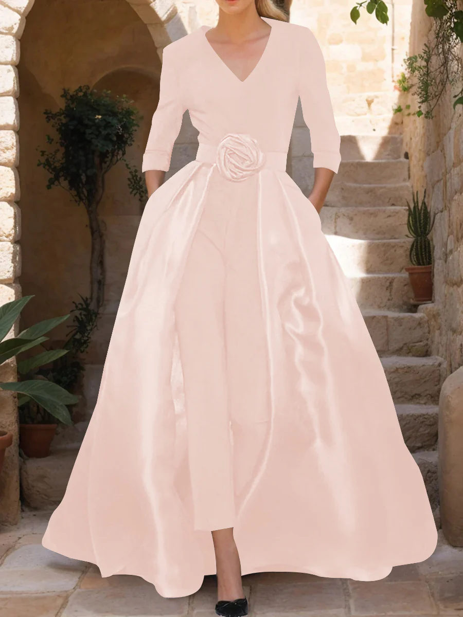 V-Neck 3/4 Sleeves Mother of the Bride Jumpsuit with Flower Belt - Image 43