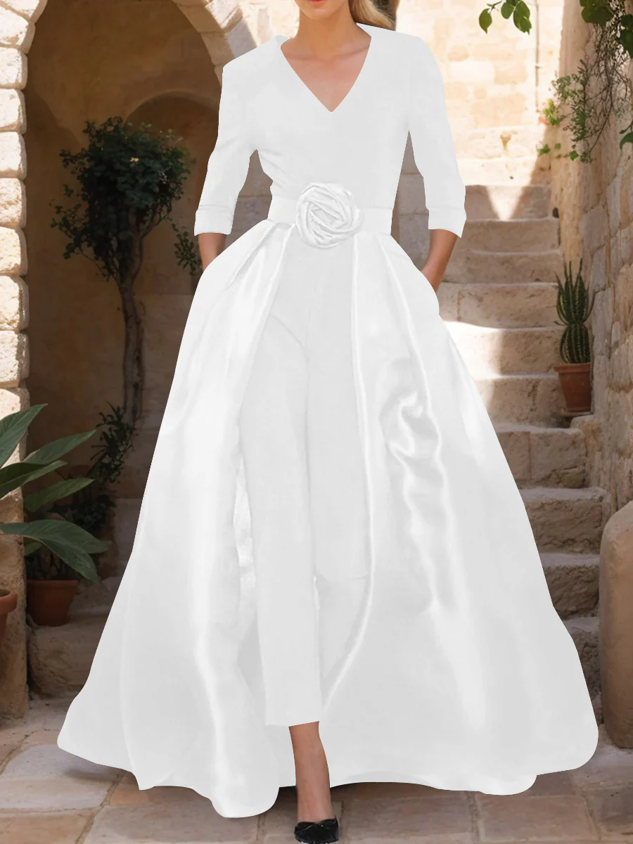 V-Neck 3/4 Sleeves Mother of the Bride Jumpsuit with Flower Belt - Image 57