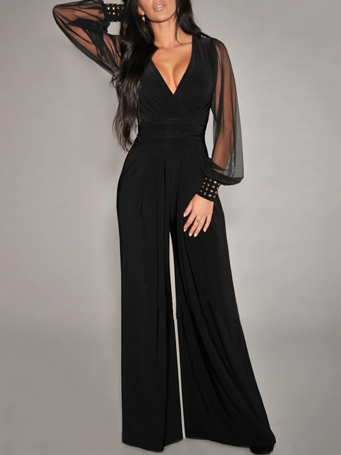 V-Neck Long Sleeves Floor-Length Wedding Guest Jumpsuits with Metallic Studs