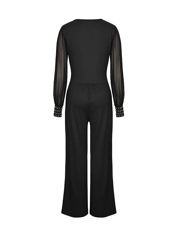 V-Neck Long Sleeves Floor-Length Wedding Guest Jumpsuits with Metallic Studs - Image 2