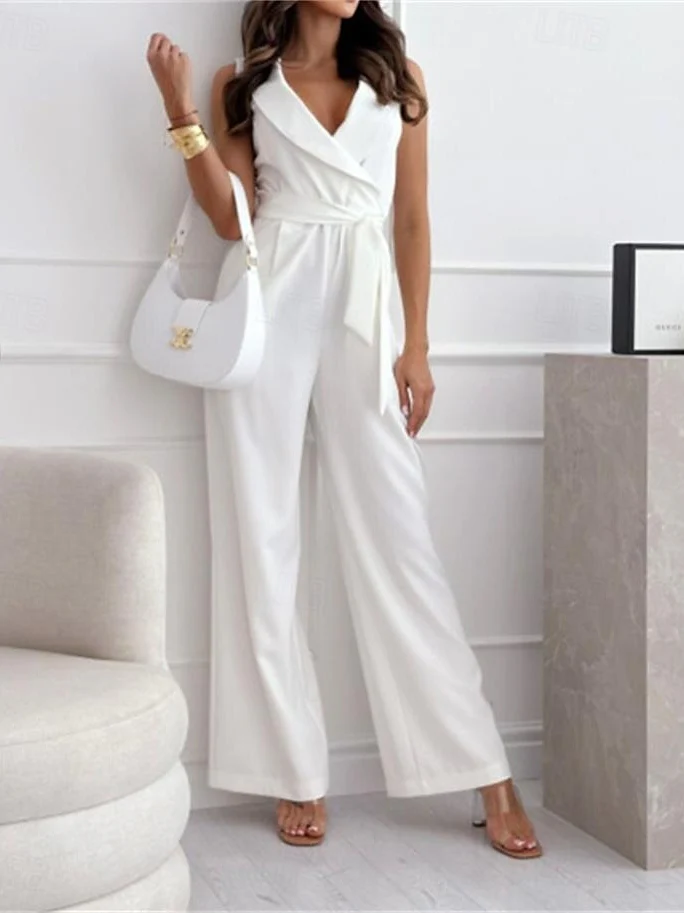 V-Neck Sleeveless Ankle-Length Ruched Wedding Guest Jumpsuits with Self-tie Sash - Image 2