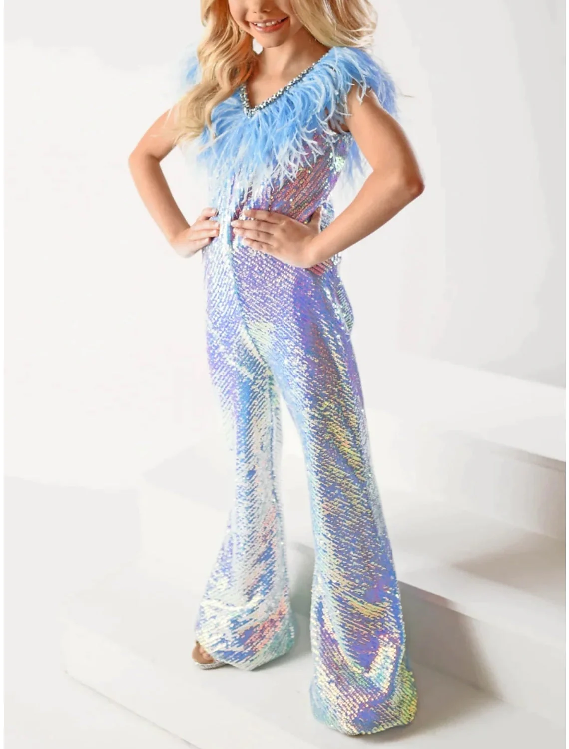 V-Neck Sleeveless Girls Rainbow Unicorn Jumpsuits with Feather & Watteau Train - Image 3
