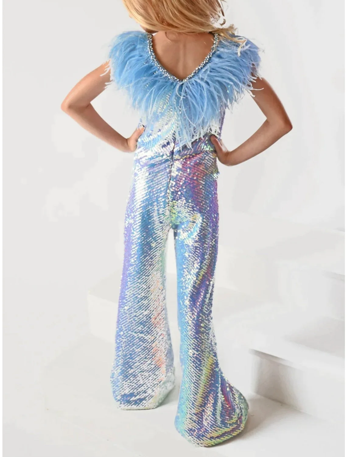 V-Neck Sleeveless Girls Rainbow Unicorn Jumpsuits with Feather & Watteau Train - Image 4
