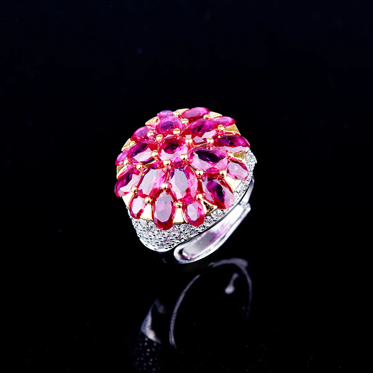 Vintage High-End Fuchsia Cone Flower Rhinestone Ring - Image 3