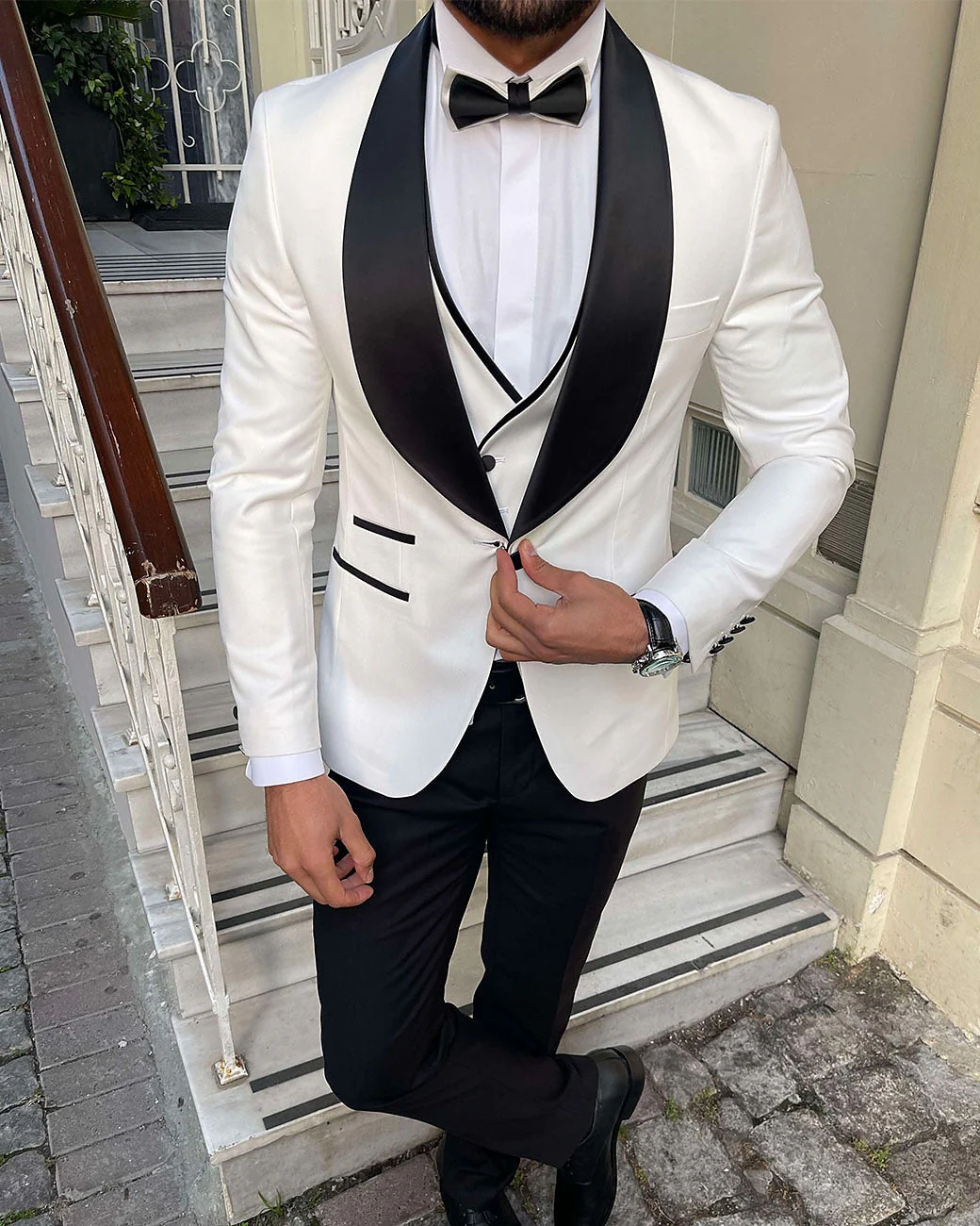 White Champagne Gray Men's Tailored Fit 3 Pieces Solid Colored Single Breasted One-button Party Suits - Image 2
