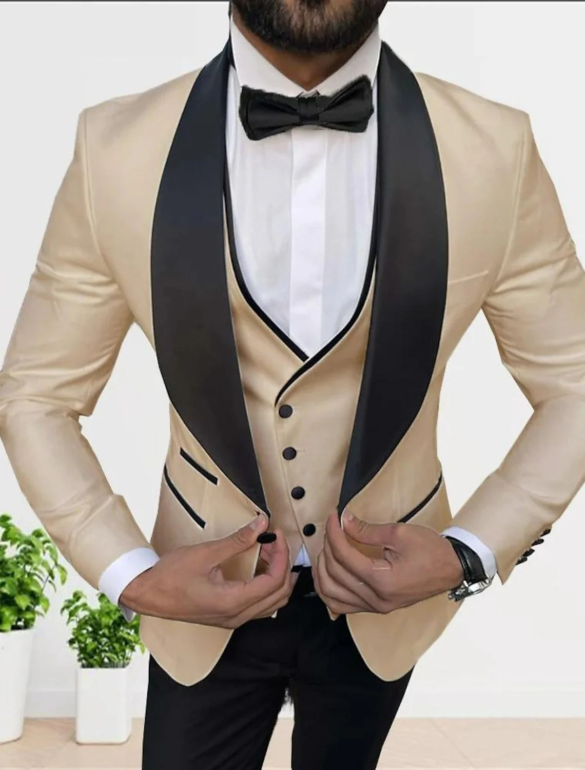 White Champagne Gray Men's Tailored Fit 3 Pieces Solid Colored Single Breasted One-button Party Suits - Image 3