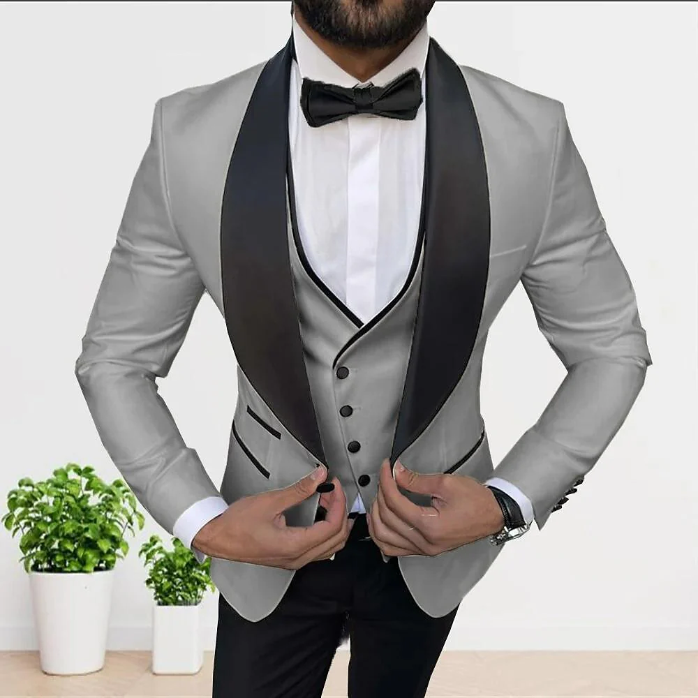 White Champagne Gray Men's Tailored Fit 3 Pieces Solid Colored Single Breasted One-button Party Suits - Image 4