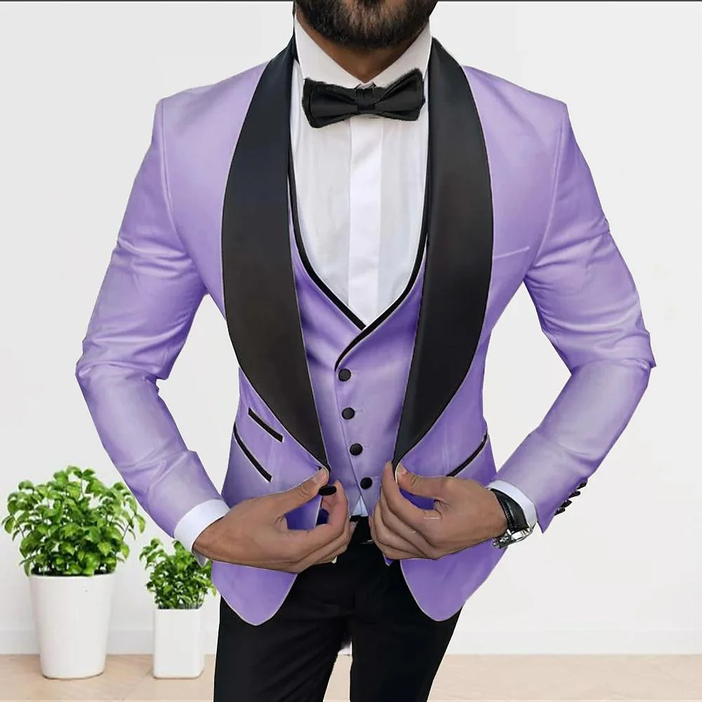 White Champagne Gray Men's Tailored Fit 3 Pieces Solid Colored Single Breasted One-button Party Suits - Image 5