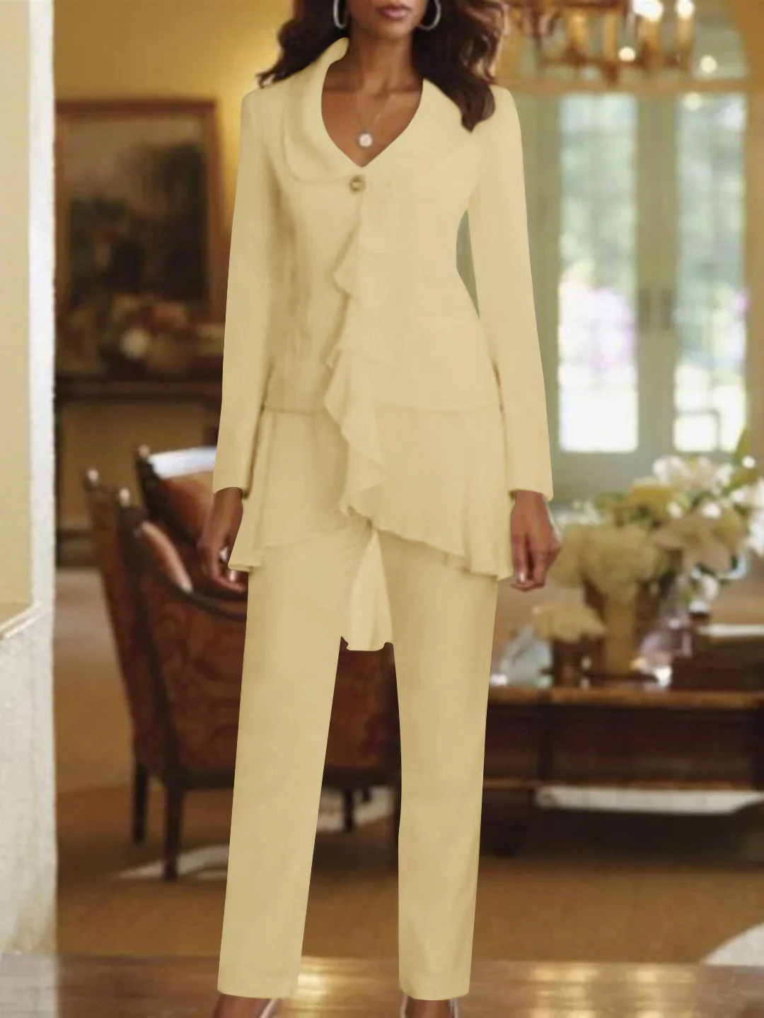 White V-Neck Long Sleeves Floor Length Mother of the Bride Pantsuits With Ruffle - Image 11