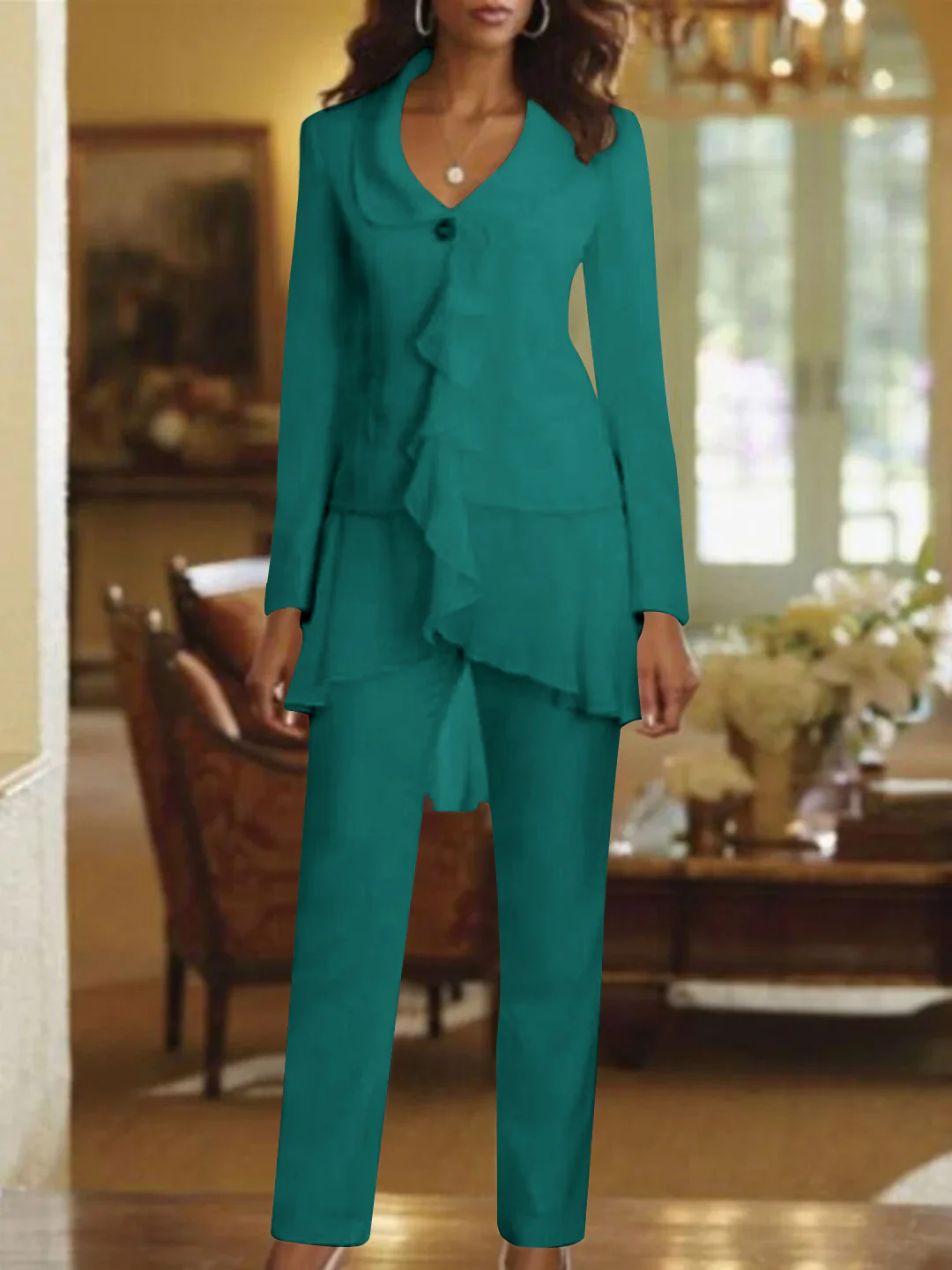 White V-Neck Long Sleeves Floor Length Mother of the Bride Pantsuits With Ruffle - Image 21
