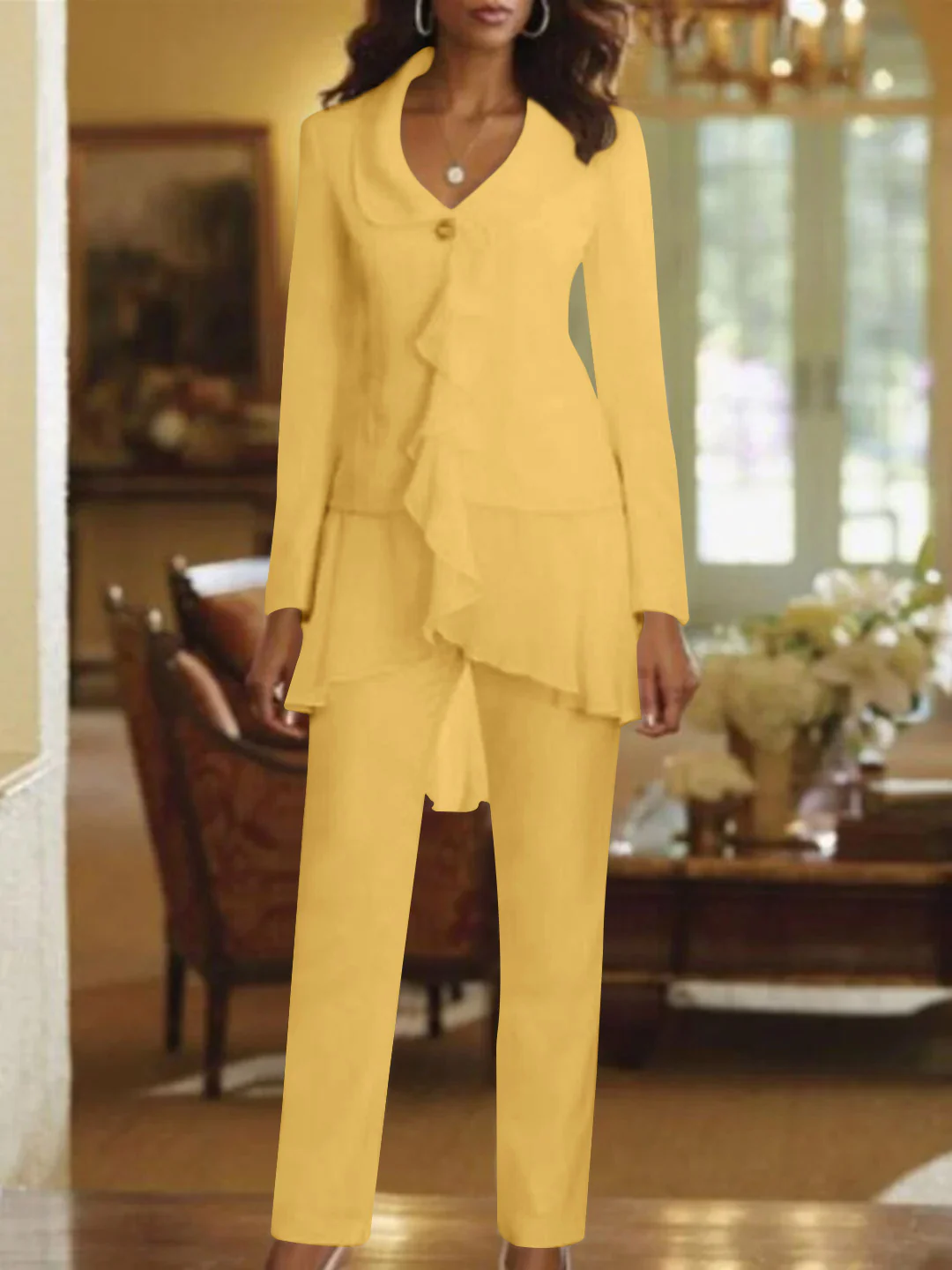 White V-Neck Long Sleeves Floor Length Mother of the Bride Pantsuits With Ruffle - Image 23