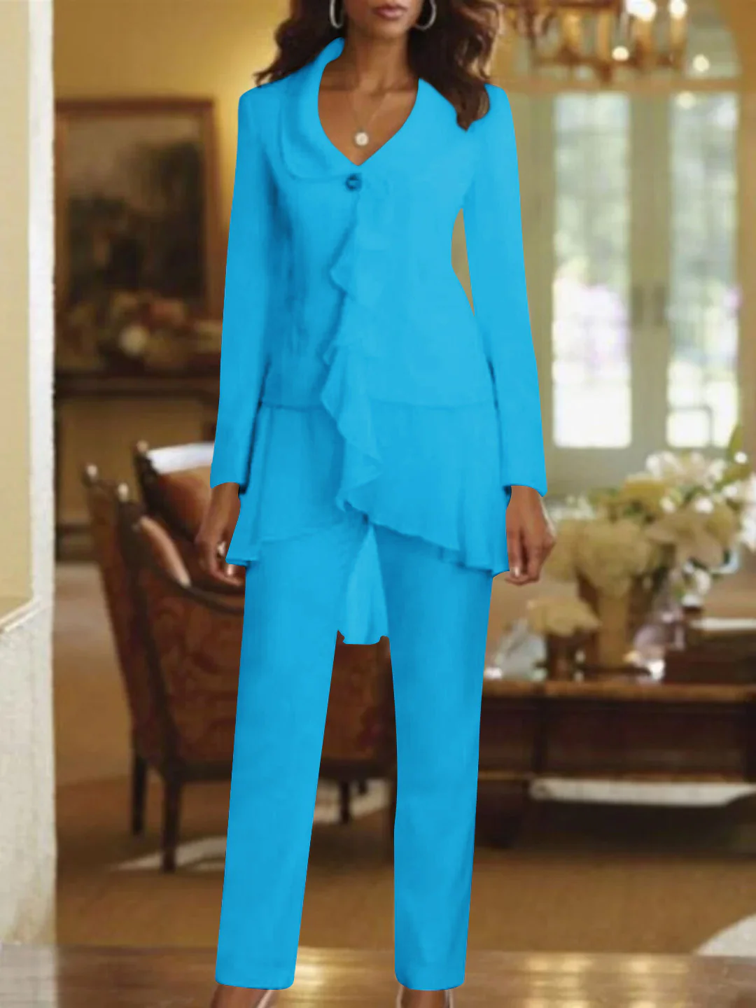 White V-Neck Long Sleeves Floor Length Mother of the Bride Pantsuits With Ruffle - Image 35