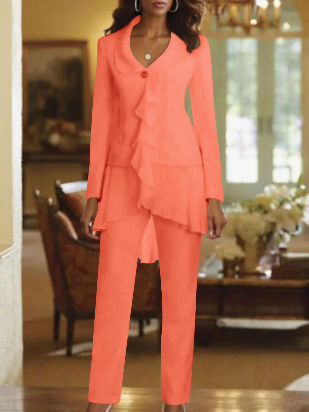 White V-Neck Long Sleeves Floor Length Mother of the Bride Pantsuits With Ruffle - Image 38