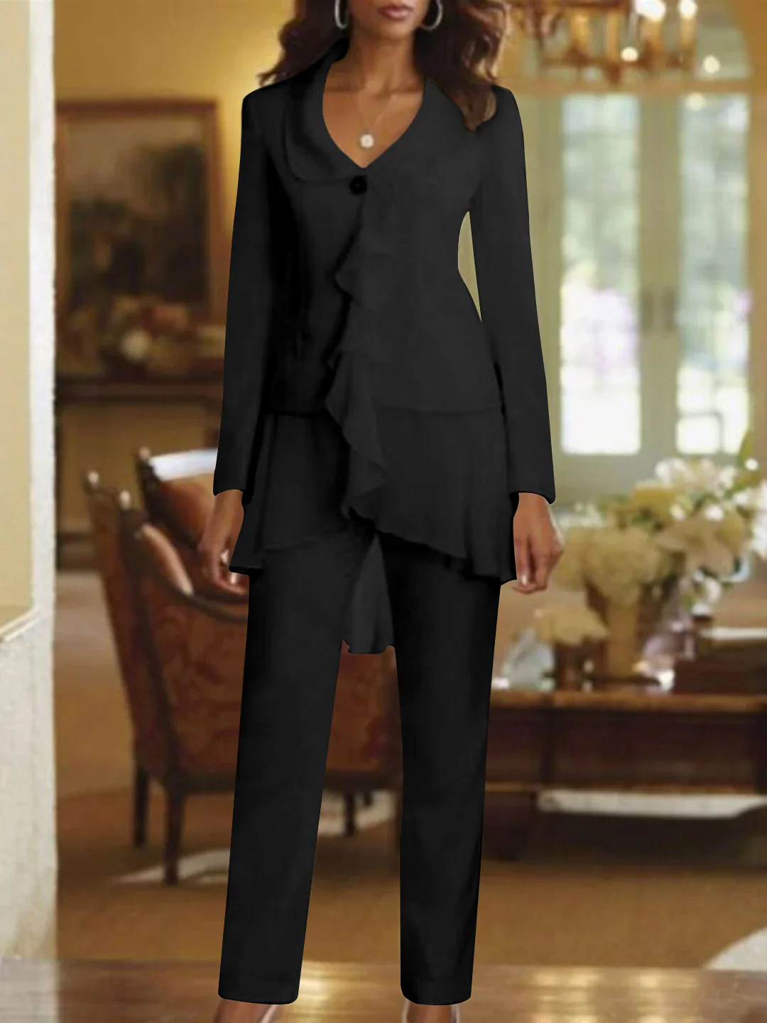 White V-Neck Long Sleeves Floor Length Mother of the Bride Pantsuits With Ruffle - Image 5