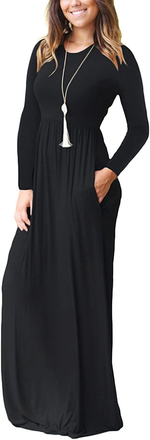Women Long Sleeve Loose Plain Maxi Dresses Casual Long Dresses with Pockets - Image 3