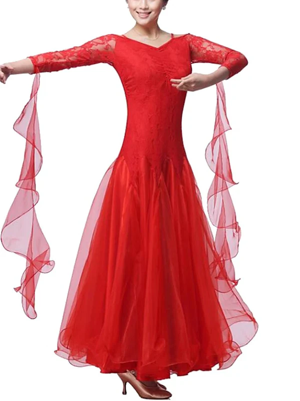 Women‘s Dancewear Ballroom Dance Dress Lace Pure Color Splicing Women's Performance Party - Image 7