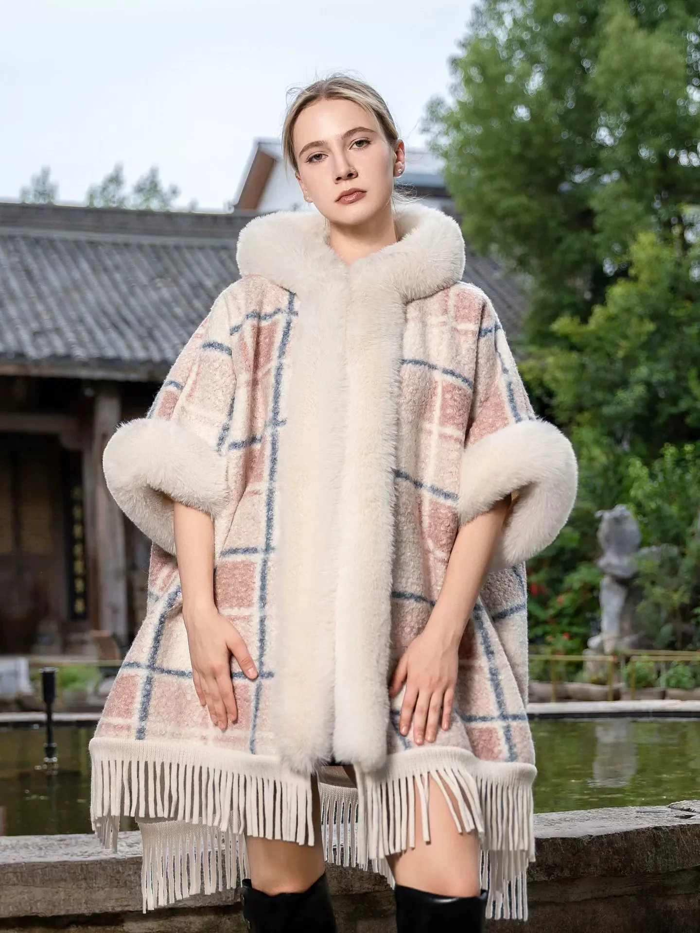 Women’s Winter Plaid Warm Knit Fleece Cape Shawl/Wrap with Tassels