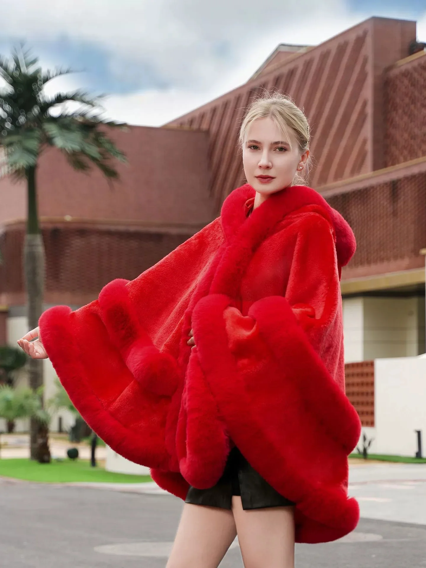 Women’s Winter Solid Color Faux Fur Red Cape Shawl/Wrap - Image 3