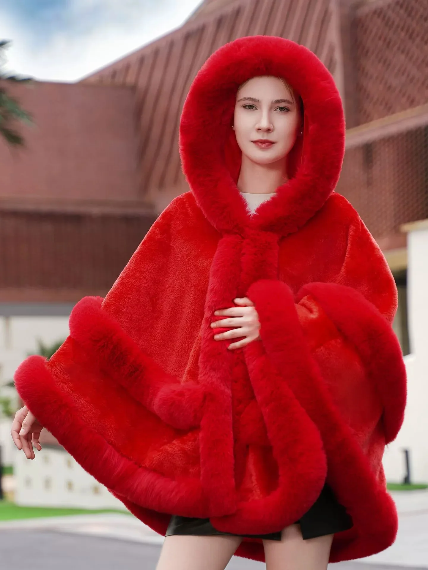 Women’s Winter Solid Color Faux Fur Red Cape Shawl/Wrap - Image 4