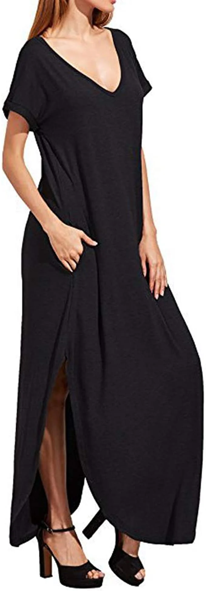 Women V-Neck Long Sleeve Plain Irregular Pockets Long Dress - Image 3