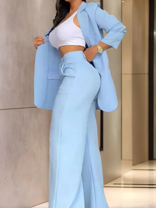 Women's 2 Pieces Light Blue Notched Lapel Long Sleeves Suits - Image 2