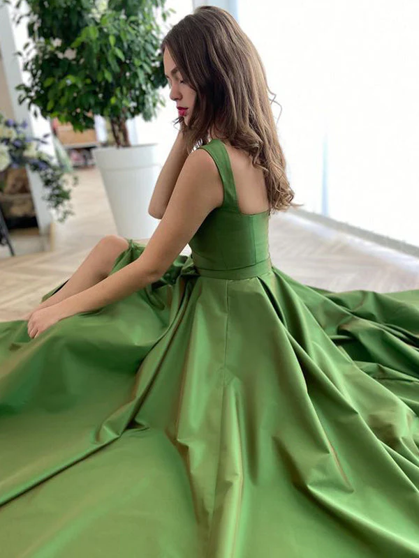 A-Line/Princess Satin Straps Evening Dresses Sweep/Brush Train Prom Party Dress with Split Side - Image 3