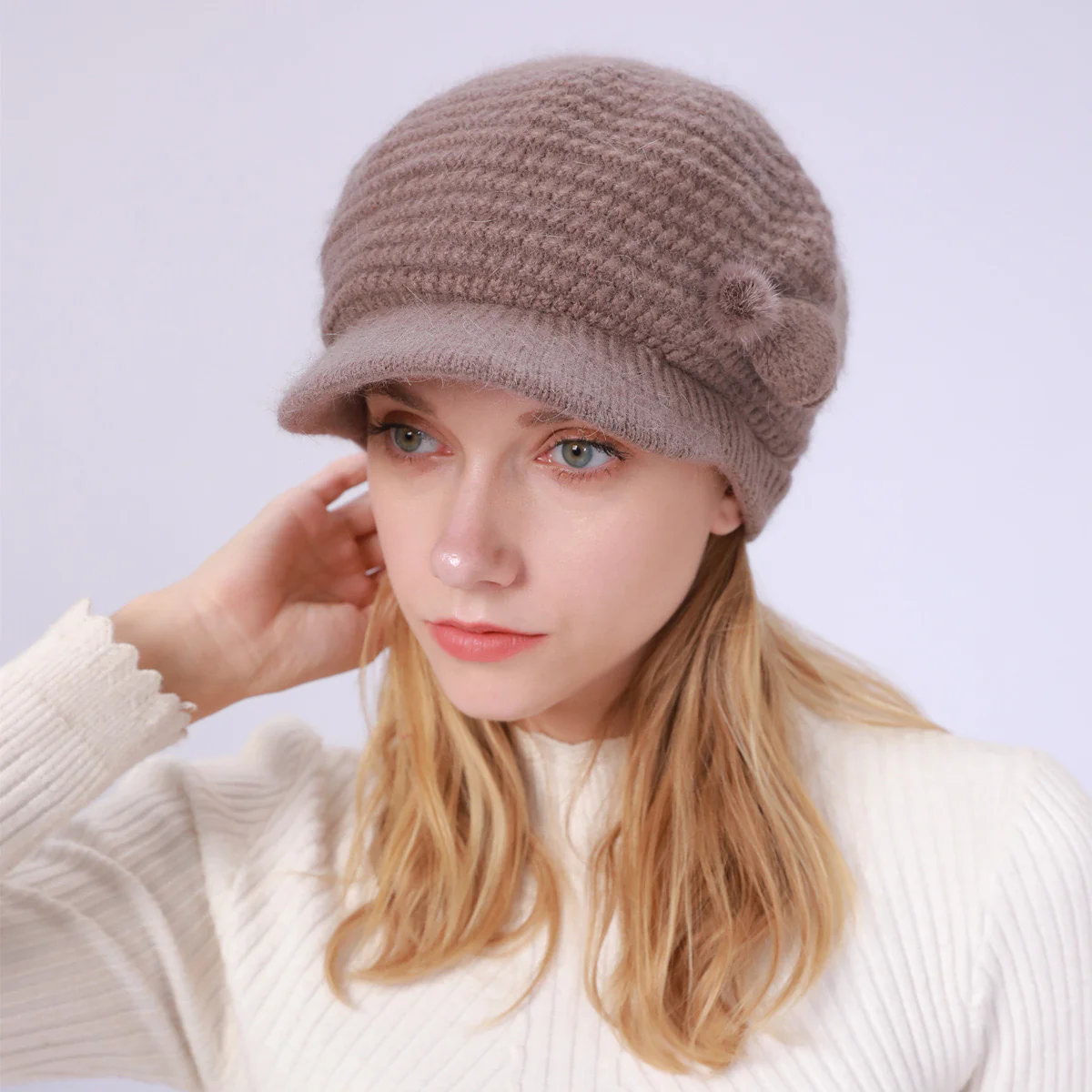 Women's Bow & Pom Poms Decor Thermal Winter Sun Visor Outdoor Knit Hat - Image 2