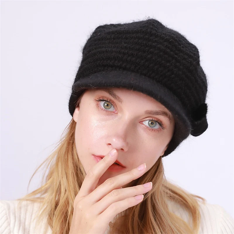 Women's Bow & Pom Poms Decor Thermal Winter Sun Visor Outdoor Knit Hat - Image 3