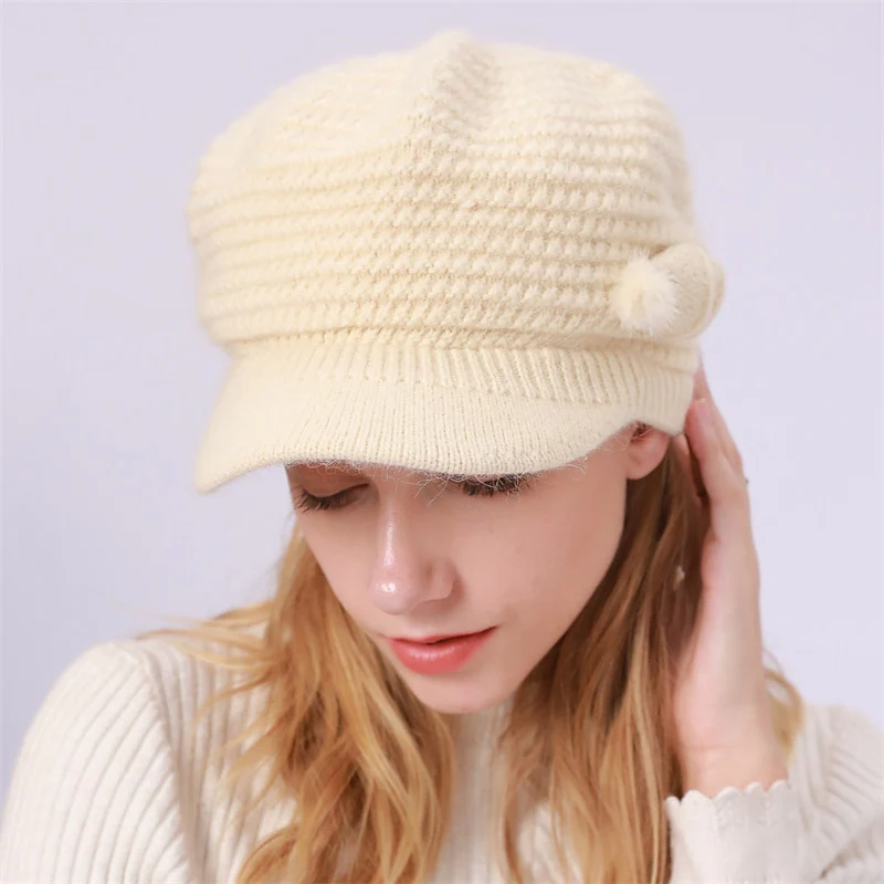 Women's Bow & Pom Poms Decor Thermal Winter Sun Visor Outdoor Knit Hat - Image 4