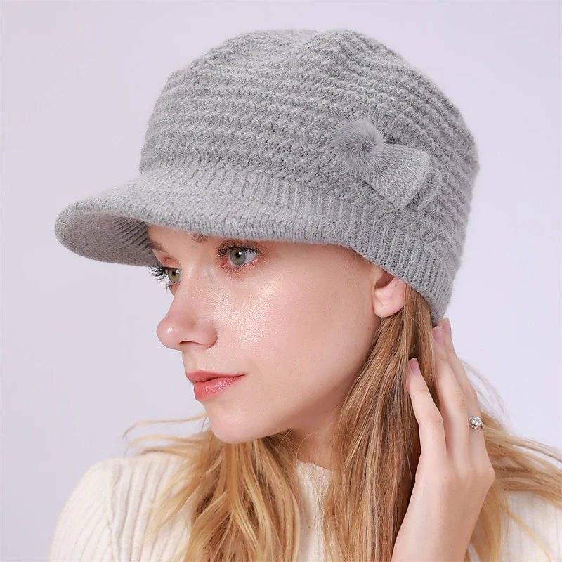 Women's Bow & Pom Poms Decor Thermal Winter Sun Visor Outdoor Knit Hat - Image 5