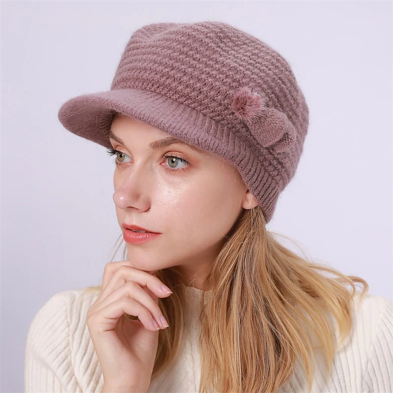 Women's Bow & Pom Poms Decor Thermal Winter Sun Visor Outdoor Knit Hat - Image 6