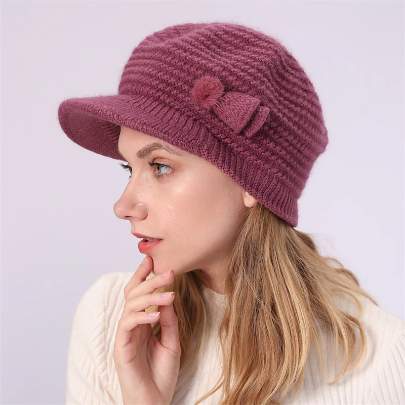 Women's Bow & Pom Poms Decor Thermal Winter Sun Visor Outdoor Knit Hat - Image 7