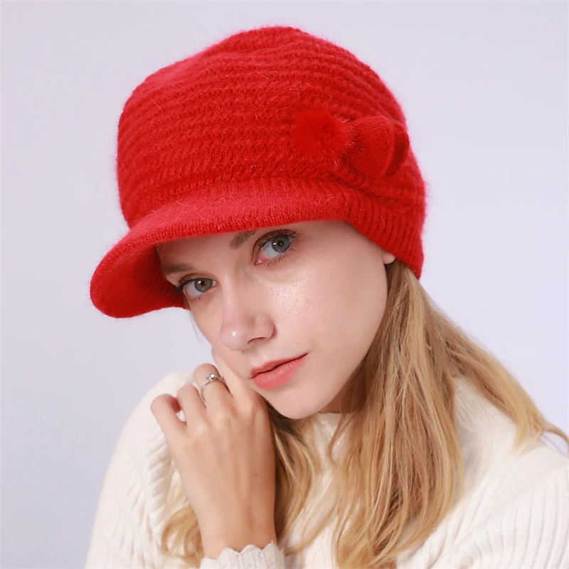 Women's Bow & Pom Poms Decor Thermal Winter Sun Visor Outdoor Knit Hat - Image 8