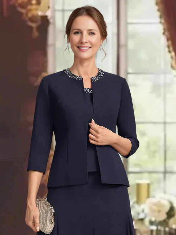 Women's Chiffon 3/4 Sleeves Open-front Jackets with Beads & Sequins