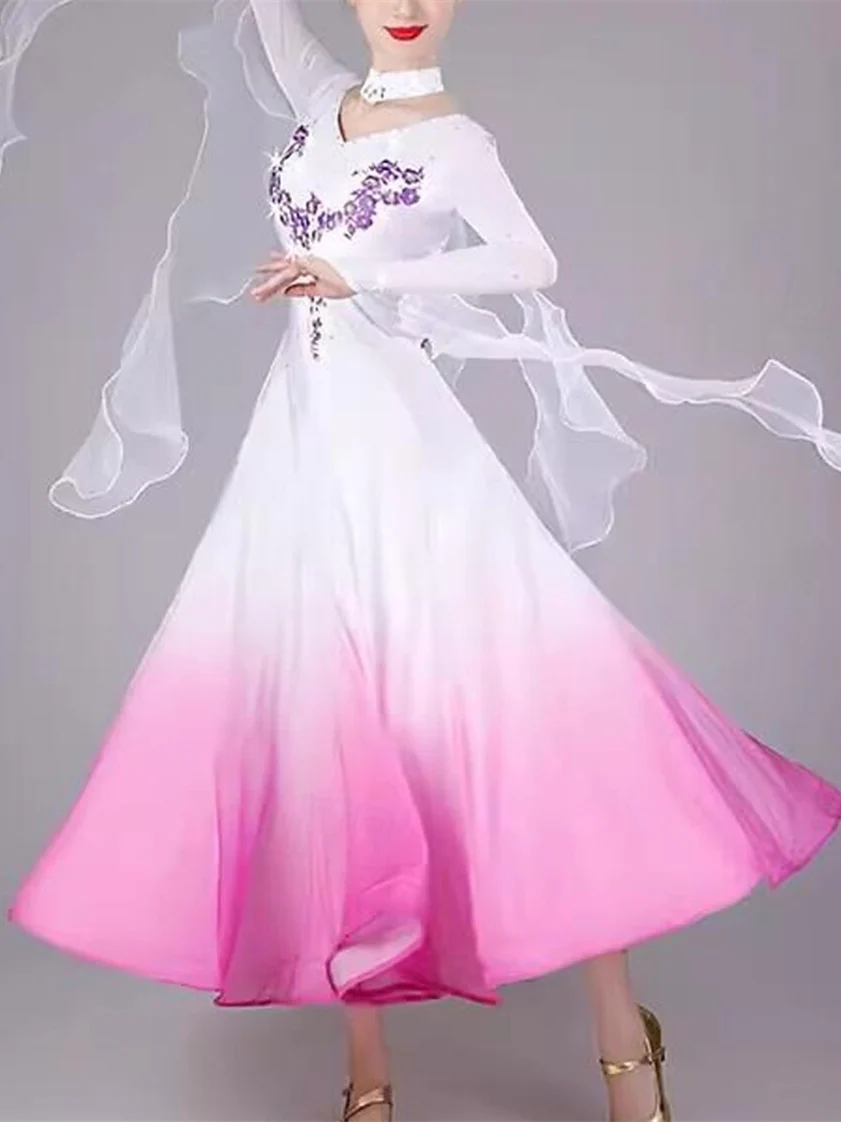 Women's Dancewear Ballroom Dance Dress Embroidery Splicing Crystals/Rhinestones Women's Performance Long Sleeve - Image 2