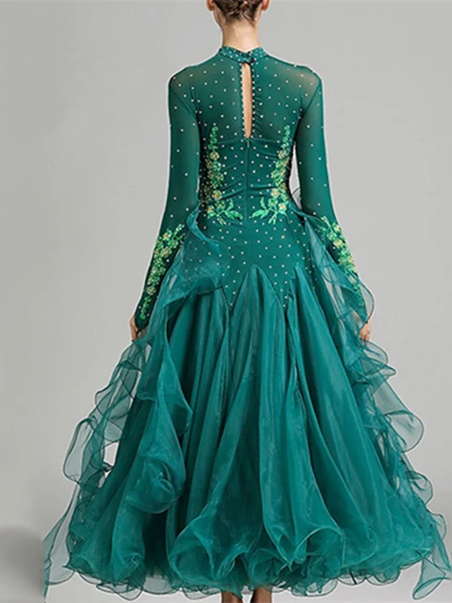 Women's Dancewear Ballroom Dance Dress Embroidery Split Joint Crystals/Rhinestones Women's Performance Training Long Sleeve - Image 4