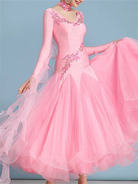 Women's Dancewear Ballroom Dance Dress Rhinestone Embroidery Women's Performance Long Sleeve - Image 3