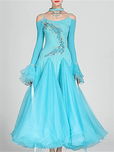 Women's Dancewear Ballroom Dance Dress Rhinestone Tulle Women's Performance Long Sleeve Polyester - Image 2
