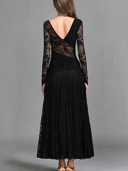 Women's Dancewear Ballroom Dance Dress Ruching Split Joint Women's Performance Training Long Sleeve - Image 2