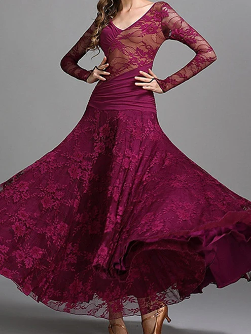 Women's Dancewear Ballroom Dance Dress Ruching Split Joint Women's Performance Training Long Sleeve - Image 3