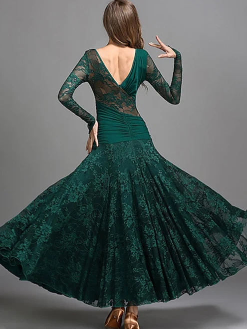 Women's Dancewear Ballroom Dance Dress Ruching Split Joint Women's Performance Training Long Sleeve - Image 4