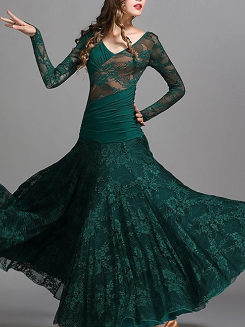 Women's Dancewear Ballroom Dance Dress Ruching Split Joint Women's Performance Training Long Sleeve - Image 6