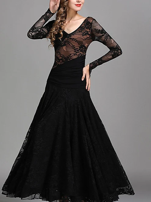 Women's Dancewear Ballroom Dance Dress Ruching Split Joint Women's Performance Training Long Sleeve - Image 7