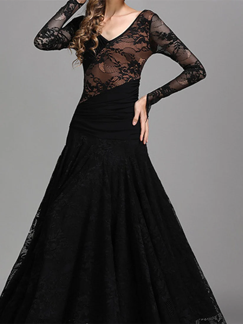 Women's Dancewear Ballroom Dance Dress Ruching Split Joint Women's Performance Training Long Sleeve - Image 8
