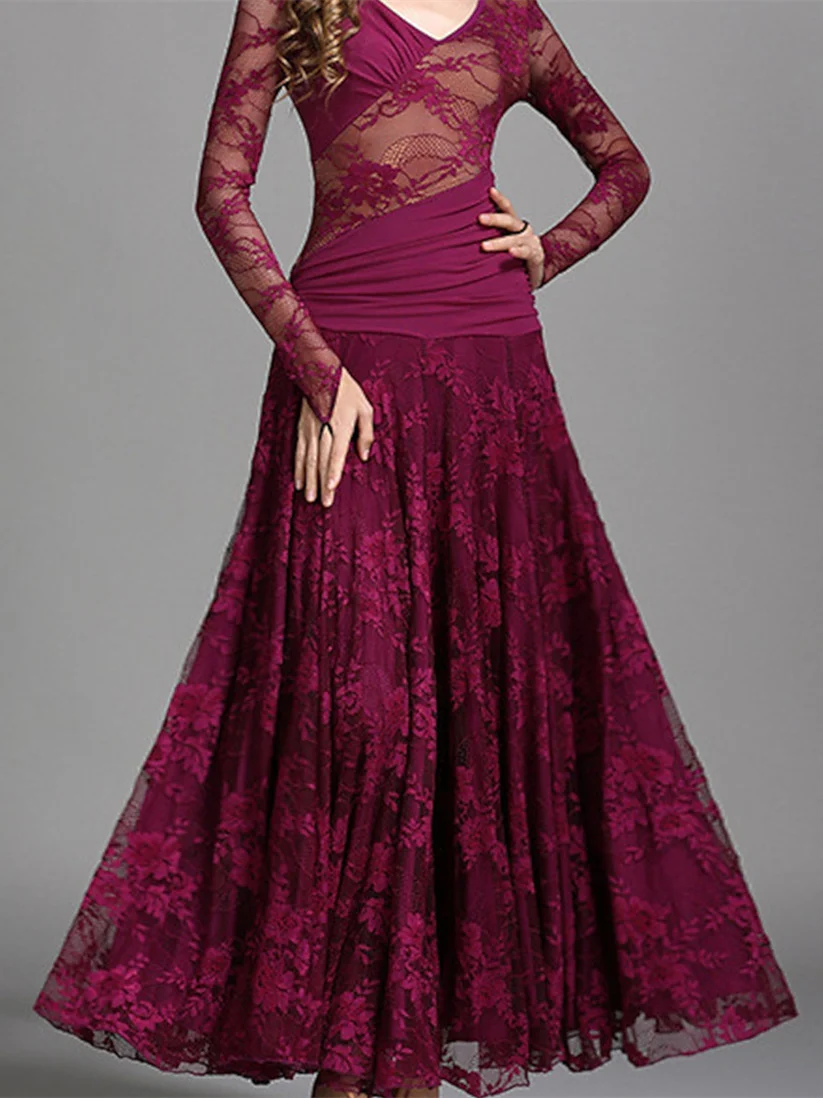 Women's Dancewear Ballroom Dance Dress Ruching Split Joint Women's Performance Training Long Sleeve - Image 9