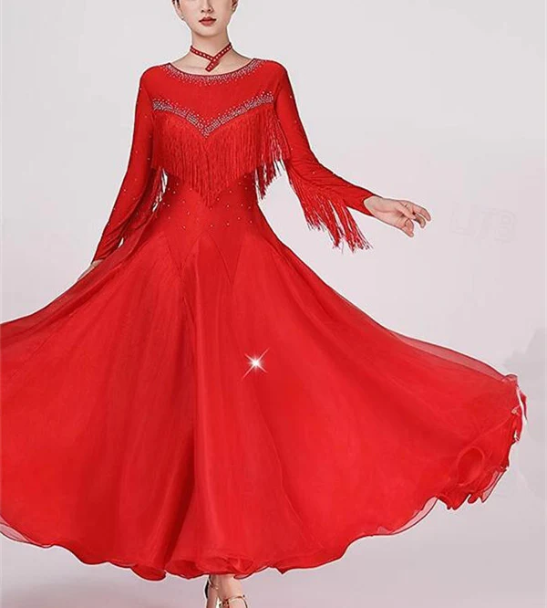 Women's Dancewear Ballroom Dance Dress Tassel Splicing Crystals/Rhinestones Women's Performance Party Long Sleeve - Image 2
