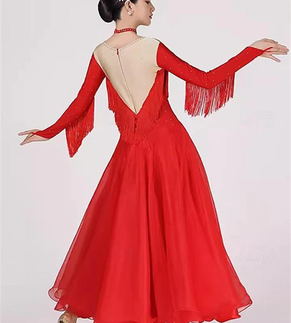 Women's Dancewear Ballroom Dance Dress Tassel Splicing Crystals/Rhinestones Women's Performance Party Long Sleeve - Image 4
