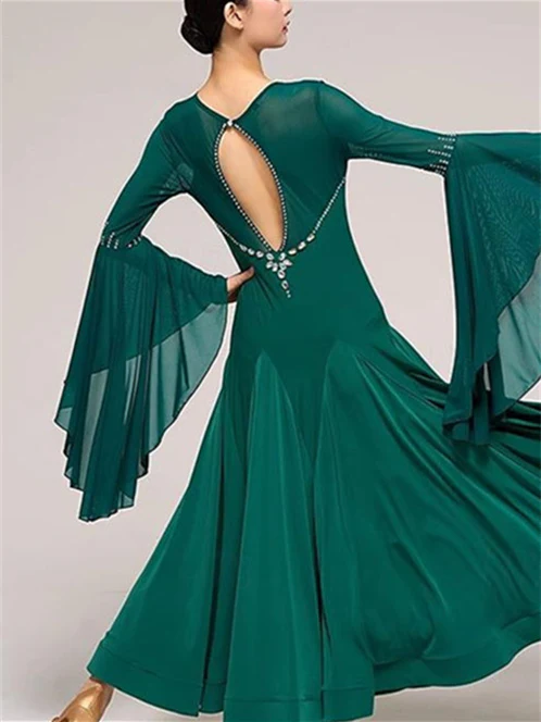 Women's Dancewear Ballroom Dance Dress Rhinestone Pure Color Splicing Women's Performance Party Long Sleeve - Image 3